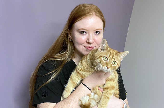 A staff member holding a ginger tabby cat during a visit