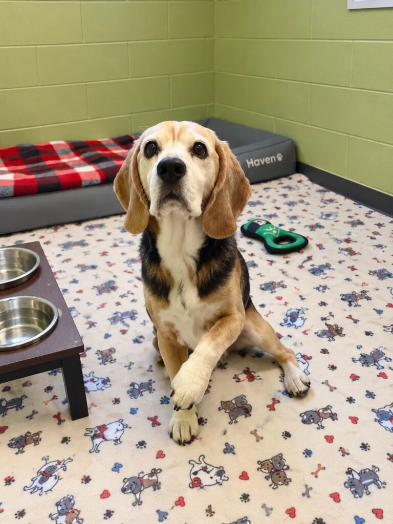 Beagle sitting in a boarding suite with a bed, food bowls and a toy