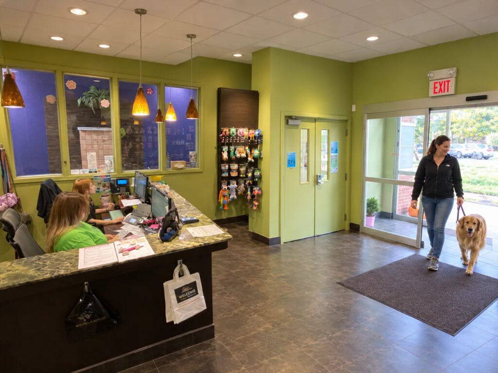 Woman walking a golden retriever into the lobby past the front desk