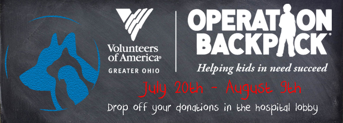 Operation Backpack banner from Volunteers of America Greater Ohio: drop off donations in the hospital lobby, July 20 to August 9