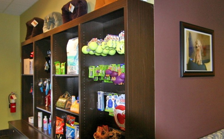 Retail shelves of pet food, treats and toys at the hospital